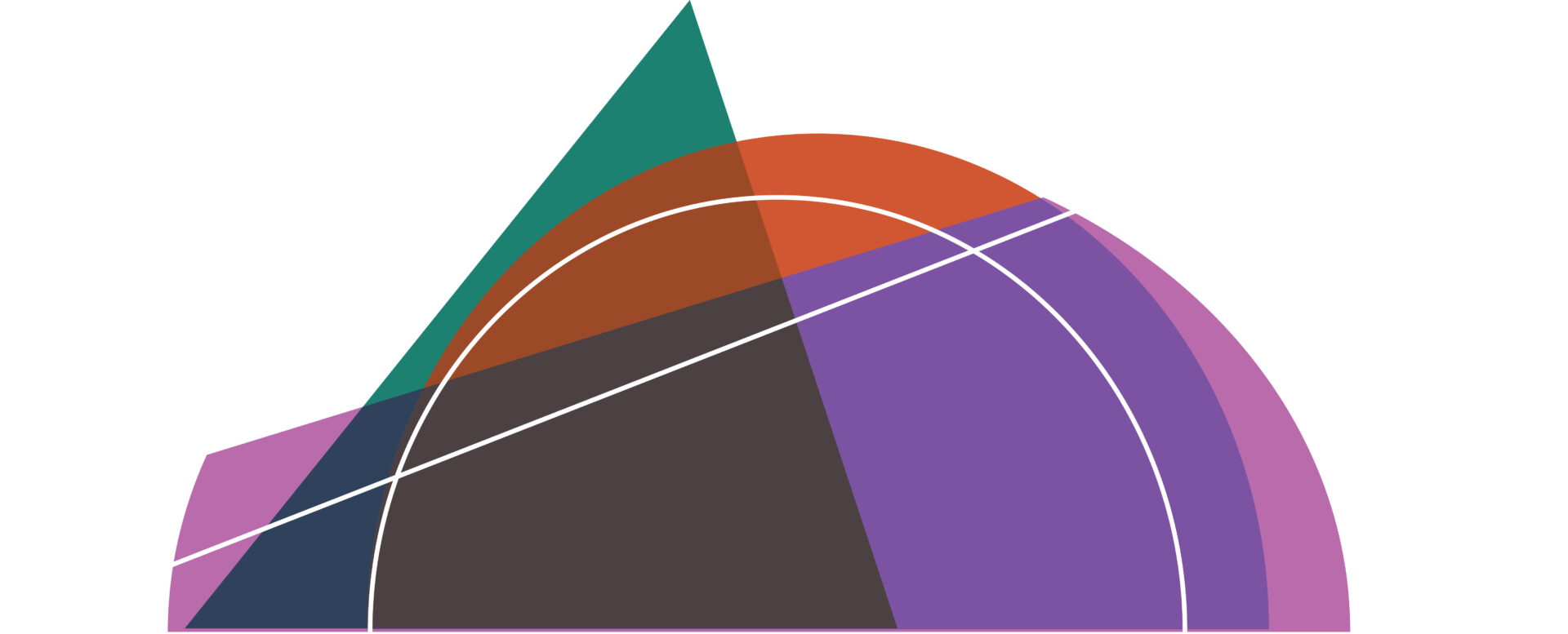 Overlapping circles and triangles in brown, purple, green, orange, and pink