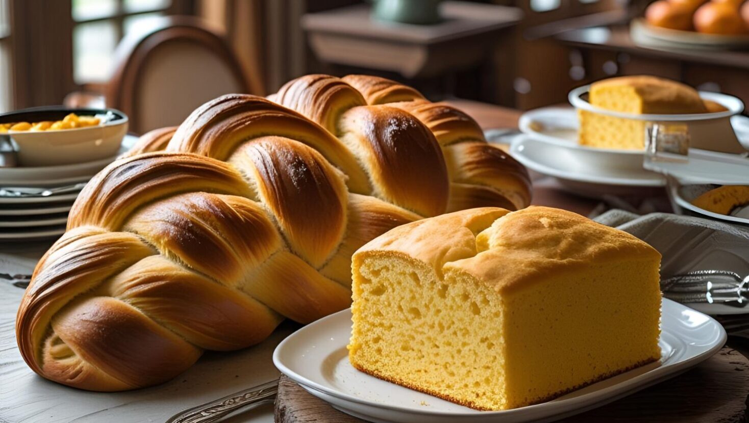 AI-generated photo of a loaf of challah next to a square of cornbread on a plate.