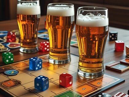 An AI-generated photo of three pints of beer sitting amid board game pieces and dice.