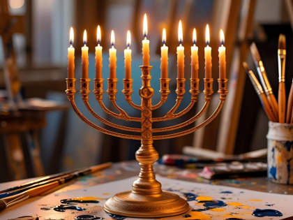 An AI-generated image of a fully lit menorah in an artists' studio